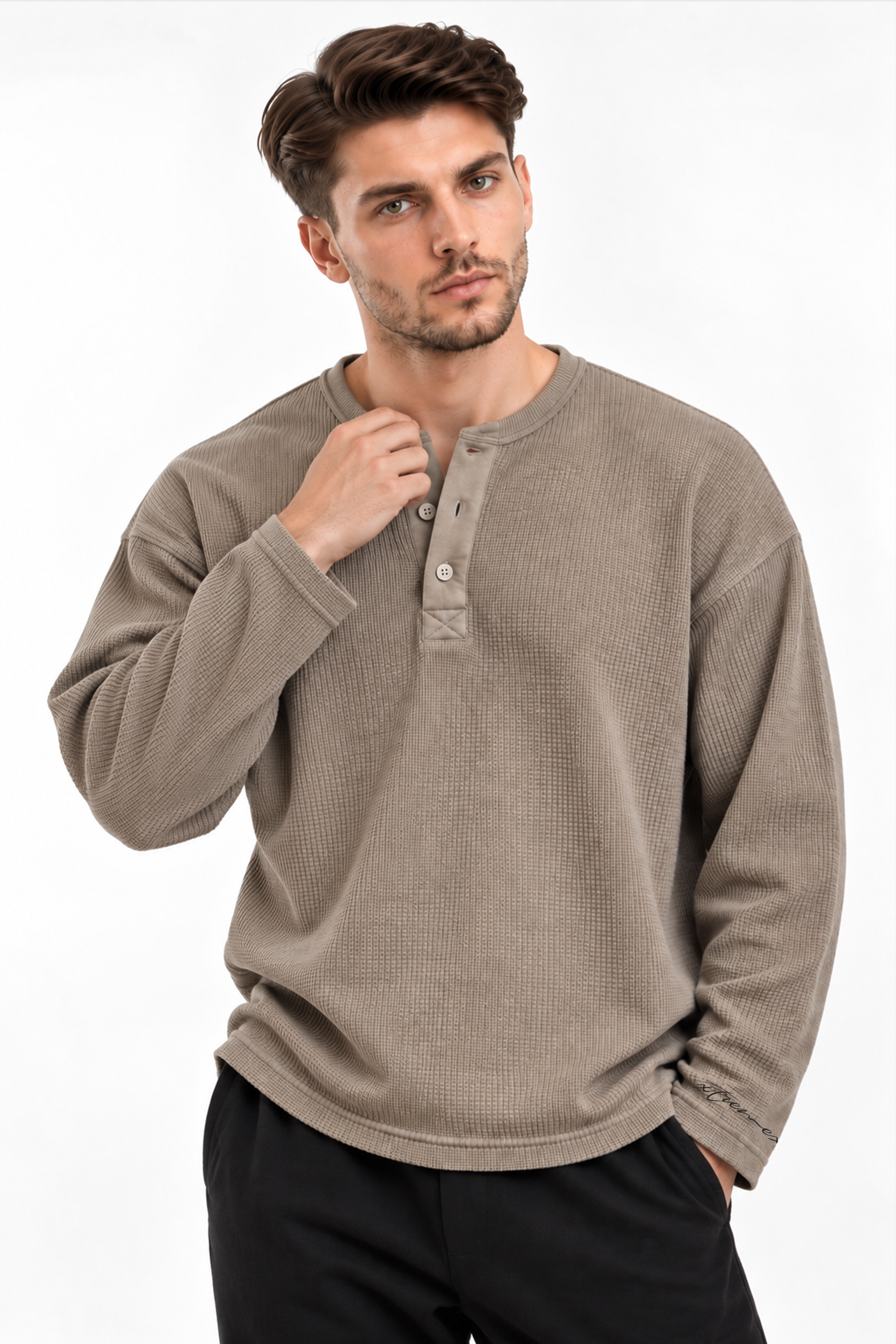 Image of Waffle Henley Tshirt - Sand
