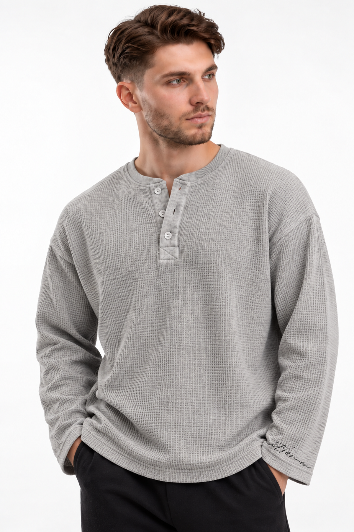 Waffle Henley Tshirt - Light Grey