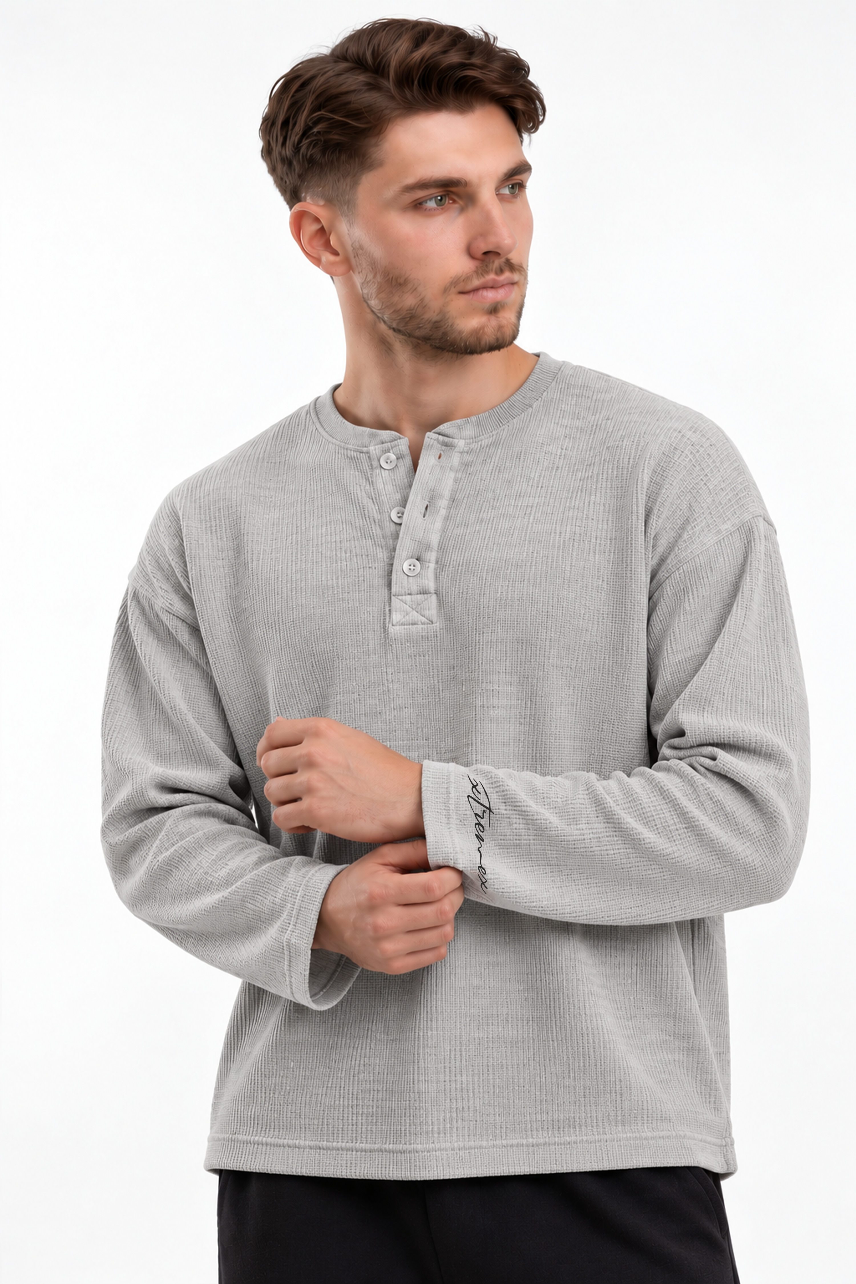 Image of Waffle Henley Tshirt - Light Grey