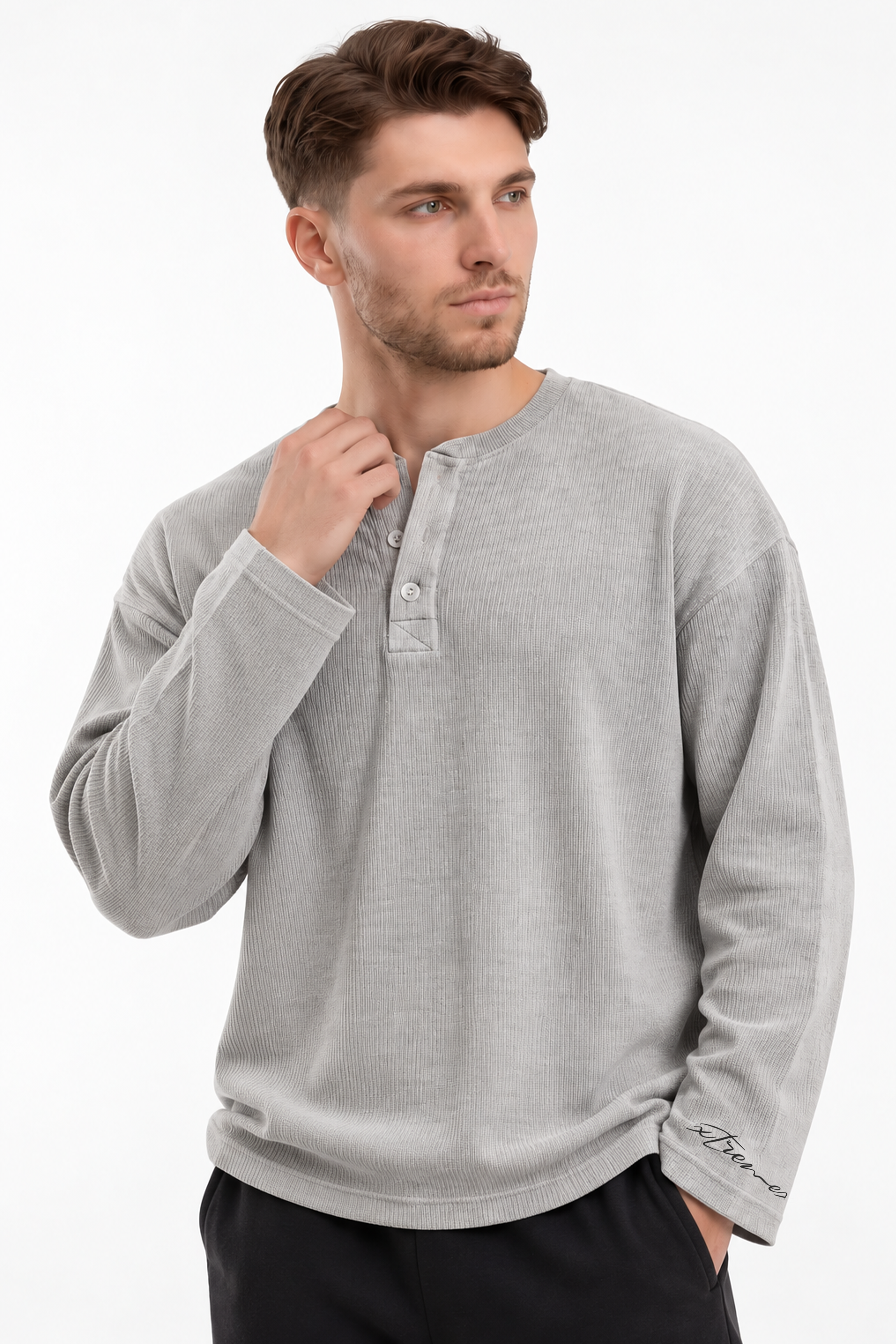 Image of Waffle Henley Tshirt - Light Grey