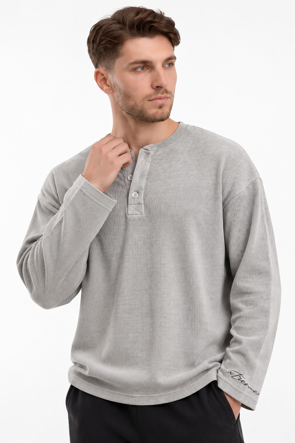 Waffle Henley Tshirt - Light Grey