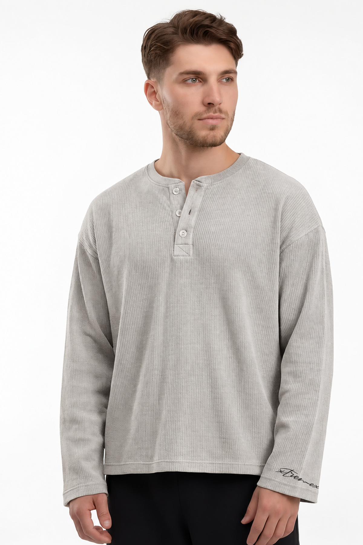 Waffle Henley Tshirt - Light Grey