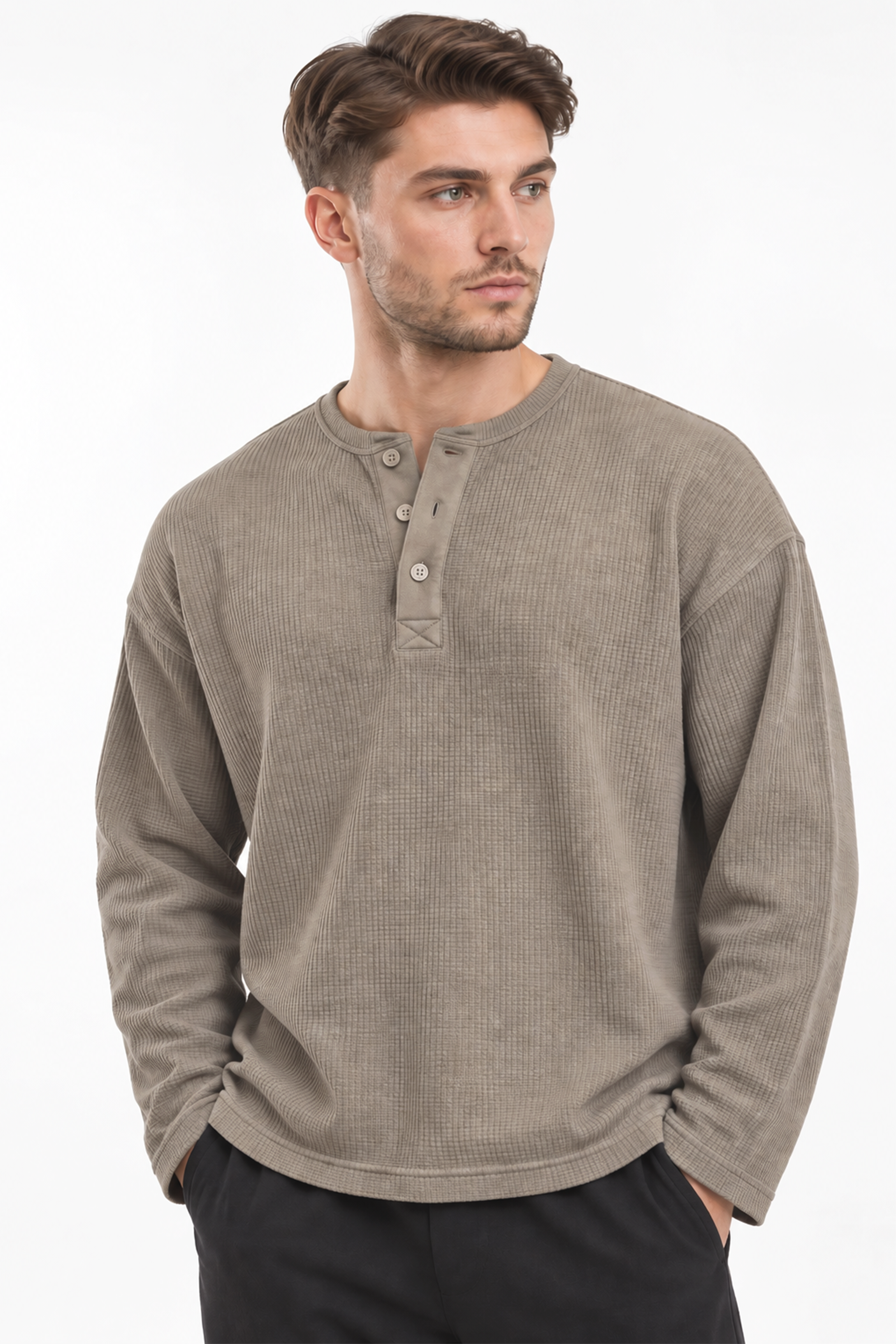 Image of Waffle Henley Tshirt - Sand