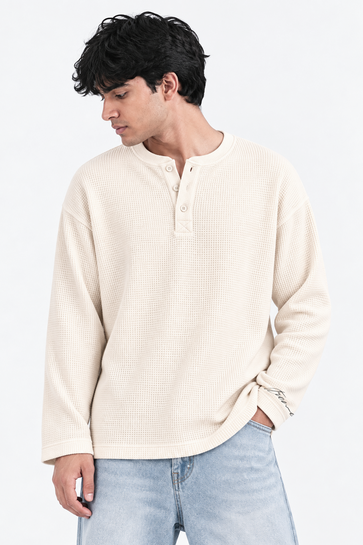 Waffle Henley Tshirt - Cream
