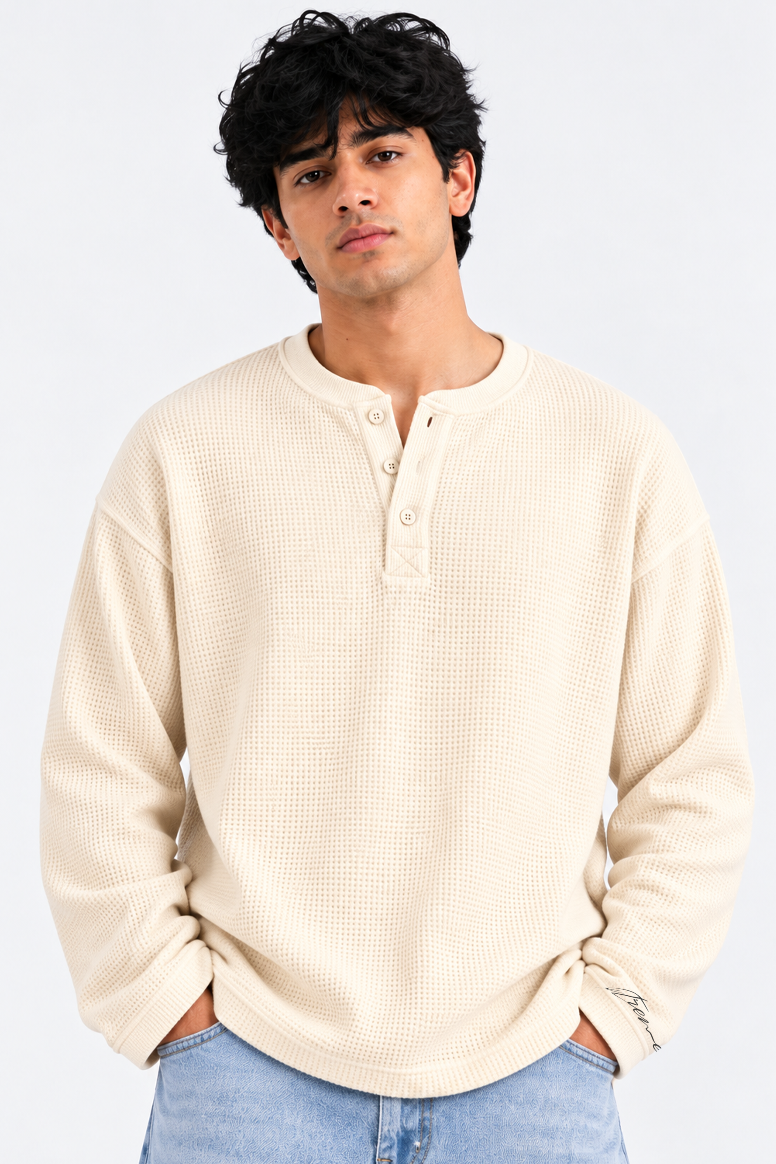 Image of Waffle Henley Tshirt - Cream