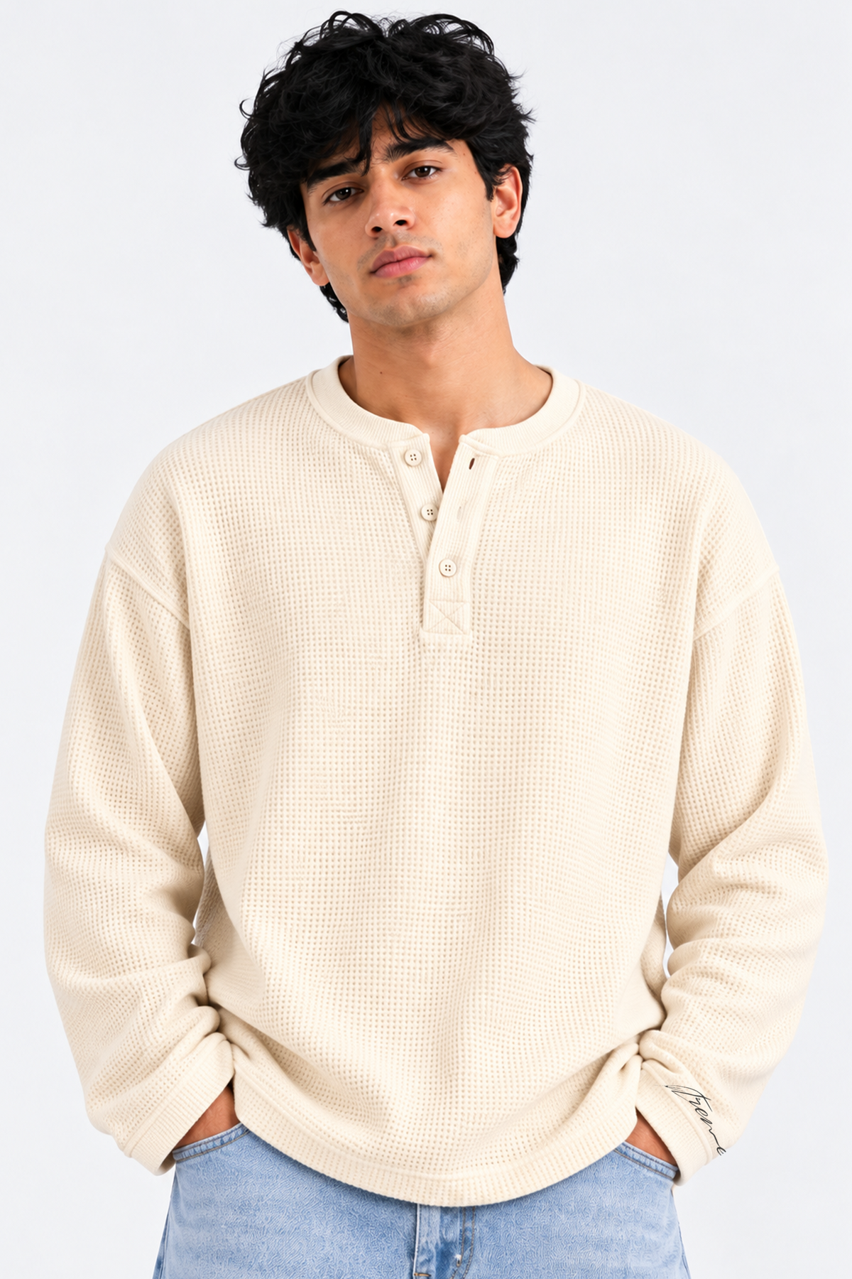 Waffle Henley Tshirt - Cream