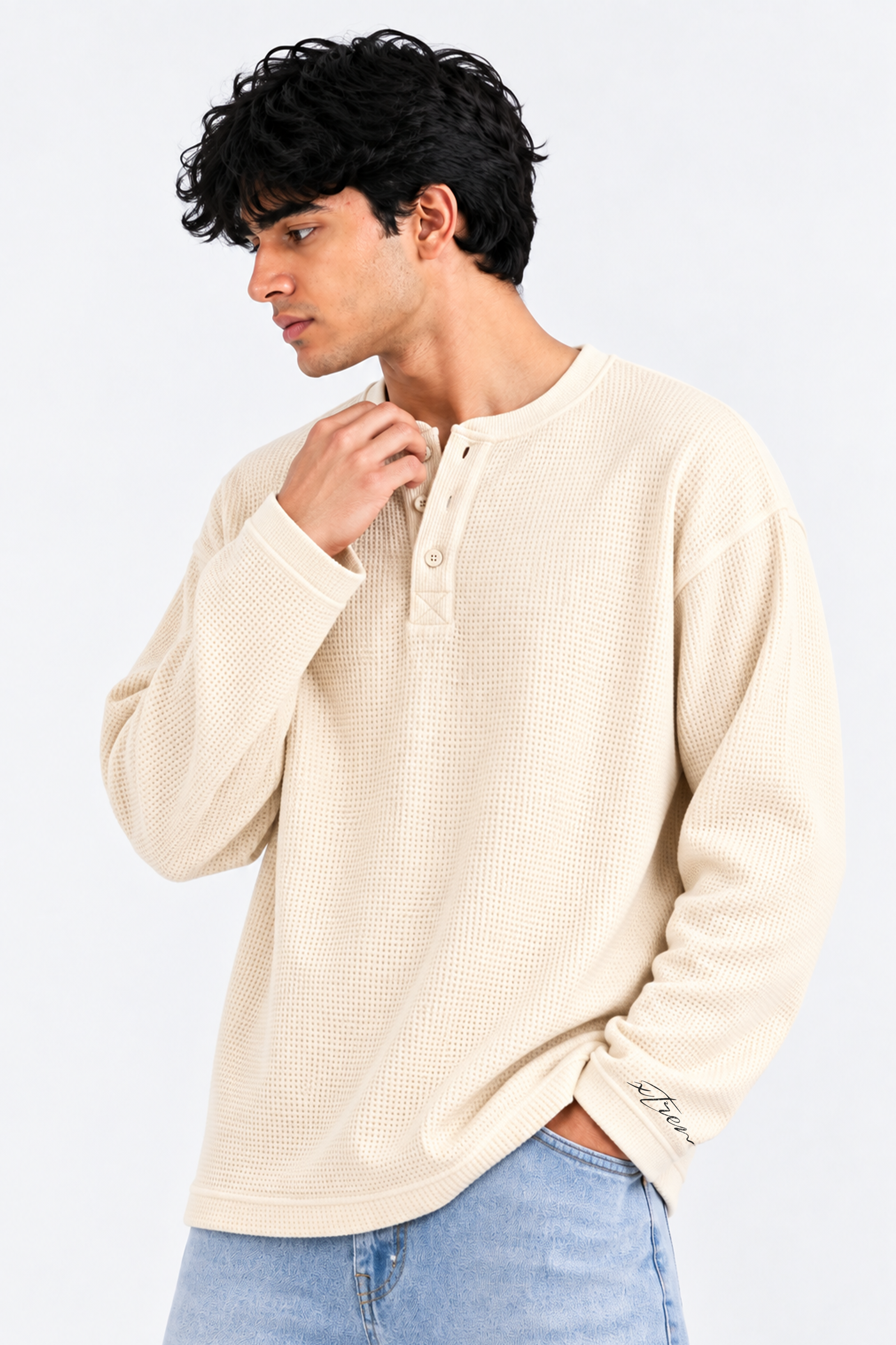 Image of Waffle Henley Tshirt - Cream